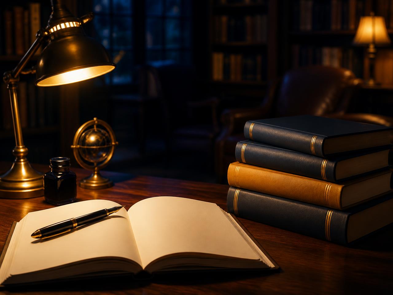 An author's writing desk with manuscript, fountain pen and hardcover books